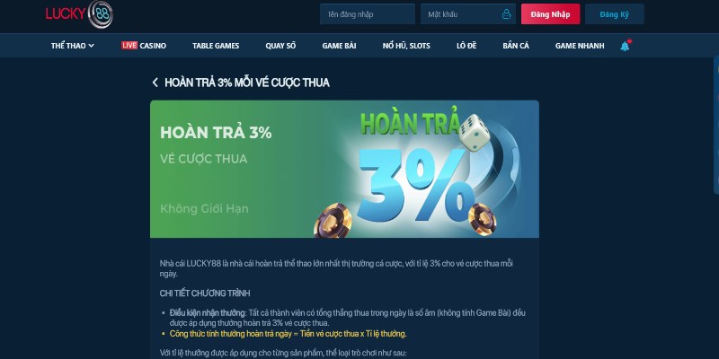 Nhà cái ưu đãi hoàn tiền lên đến 3%